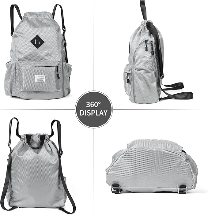ALUSBELL Large Drawstring Backpack Bag, Sports Gym Bag String Sackpack with Shoes Compartment, Waterproof String Bag Cinch for Women Men(Gray)