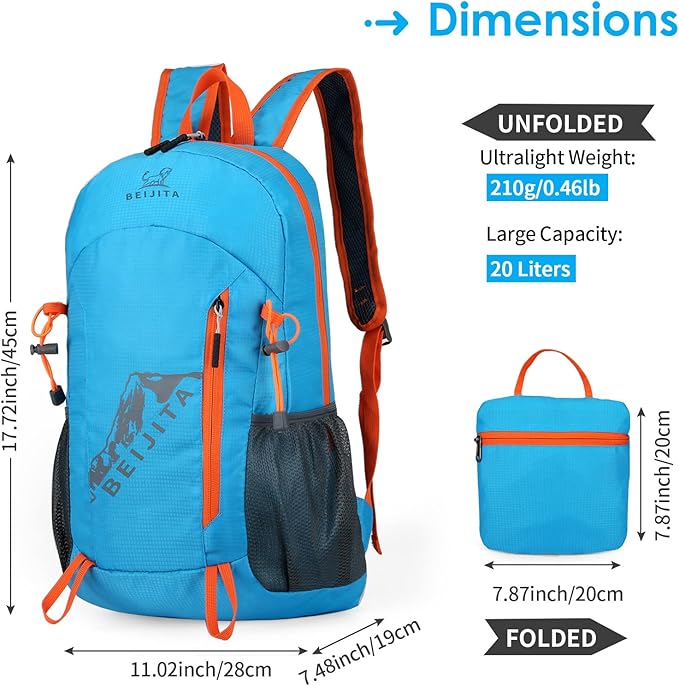 20L Lightweight Hiking Backpack, Foldable Waterproof Daypack, Packable Travel Backpack for Men & Women (Blue)