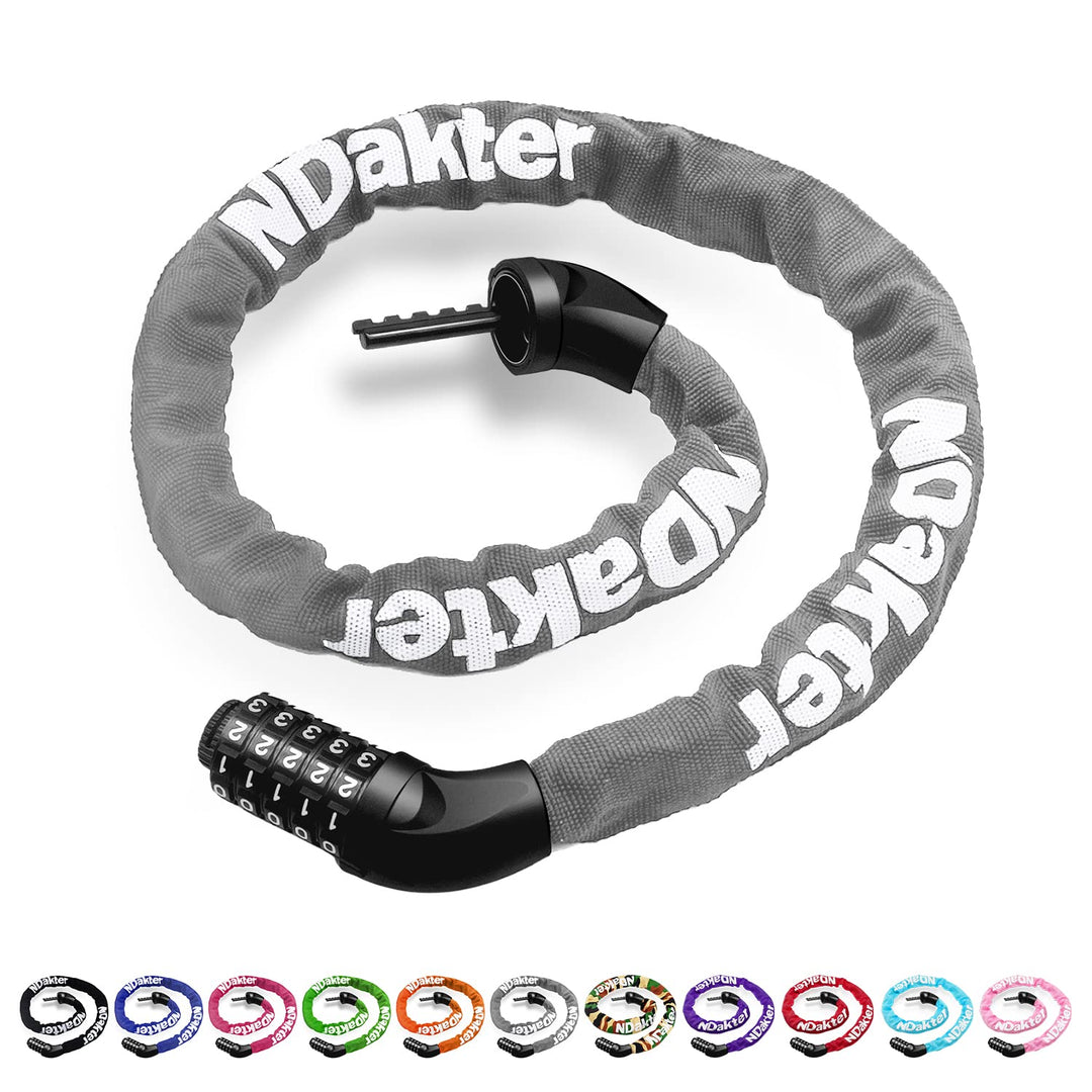 NDakter Bike Chain Lock, 5-Digit Combination Anti-Theft Bicycle Lock, 3.2/4.27 feet Long Security Resettable Bike Locks Heavy Duty for Bike, Motorcycle, Bicycle, Door, Gate, Fence, Grill, Gray