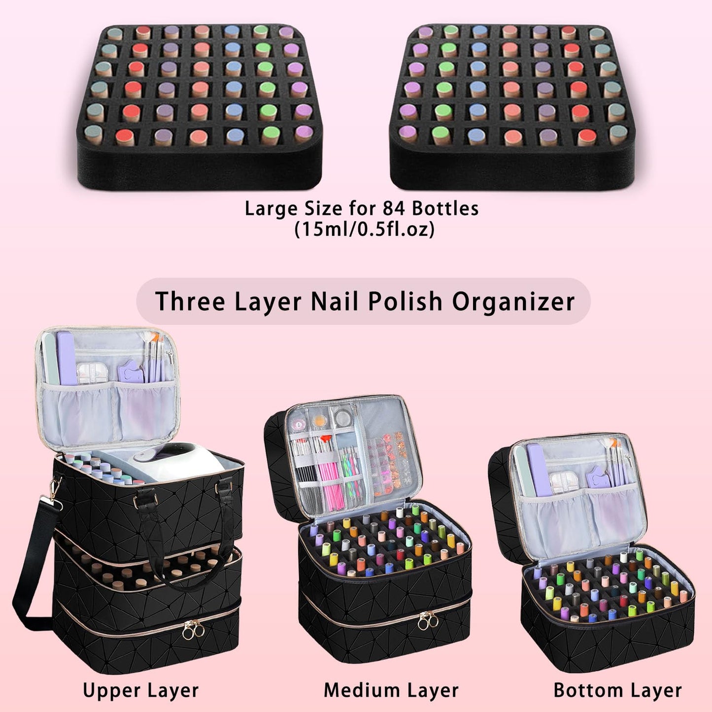 3-Layer Travel Makeup Bag,Nail Polish Organizer,Nail Tools Storage,2 in 1 Removable Polish Package,Waterproof,Adjustable Dividers Compartment,Holds 84 Bottles of 15ML Nail Polish