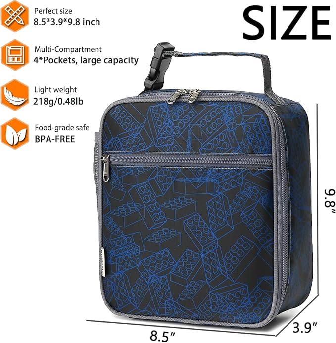 Lunch Box for Kids Boys Girls Men Women, Insulated Small Soft Cooler Lunch Bag Kit for School Work Picnic Travel - Reusable Portable lunchbox, Bricks