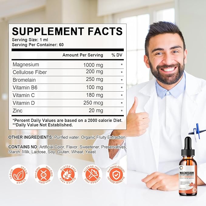 Magnesium Glycinate Liquid Drops,1000 mg Liquid Magnesium Supplement with Bromelain, Vitamin B6 C D, High Absorption Magnesium Complex for Night, Muscle & Energy Support, 2 Fl Oz (Pack of 2)