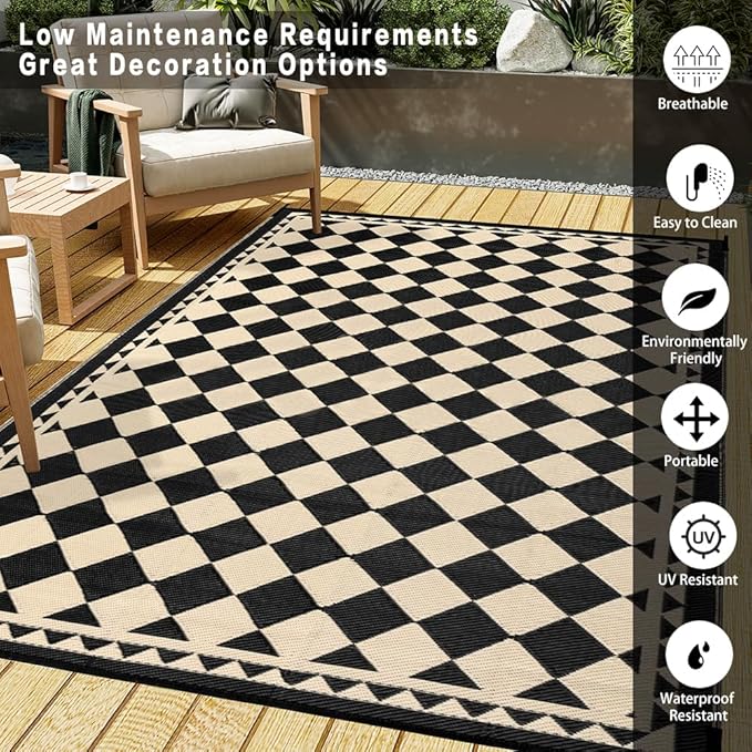 Outdoor Rug for Patios Clearance,Waterproof Mat,Large Outside Carpet,Reversible Plastic Straw Camping Rugs,Rv,Porch,Deck,Camper,Balcony,Backyard (5x8,Checkered/Black&Beige)
