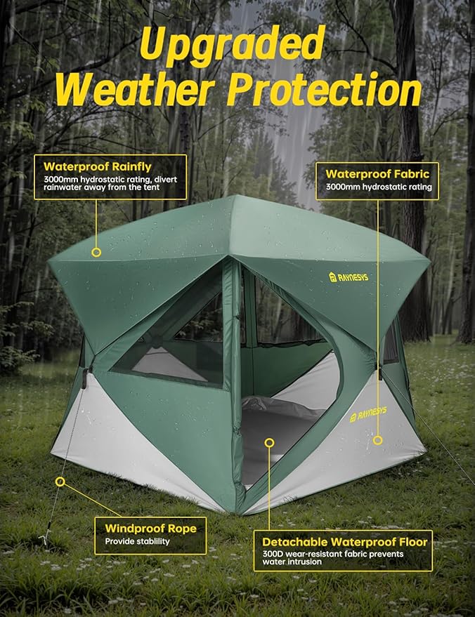 Camping Tent,Instant Cabin Tent, Setup in 60 Seconds, 4 Person Pop up Tents for Camping, Hub Tents, Rainfly, Windproof, UV Resistant, Large Camping Tent Sun Shelter with Removable Floor