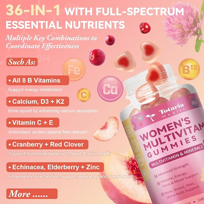 Sugar Free Multivitamin Gummies for Women 14+ w/Iron, Inositol, Folate, Biotin, Womens Daily Multivitamin Gummy w/Vitamin A, C, B, D3, K2, for Hair, Skin, Energy, Immune, Peach Flavor