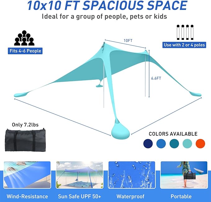Beach Tent Pop Up Shade Canopy Sun Shelter UPF50+ with 2 Stability Poles/Carry Bag/Ground Pegs/Sand Shovel/Windproof Ropes Portable Outdoor Family Sunshade for Beach Camping(Turquoise,10×10FT)