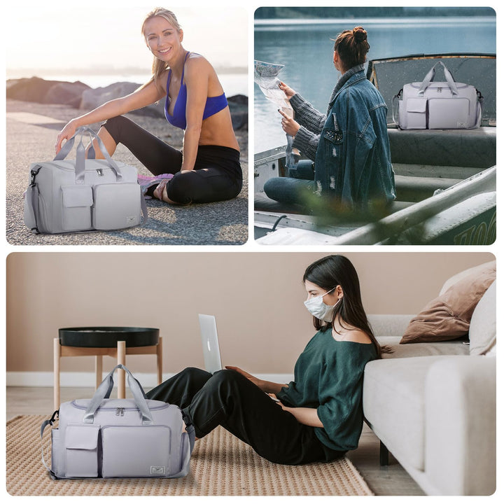 FIORETTO Women's Water-Resistant Gym Duffle Bag with Shoes Compartment, 37L Capacity, Multi-Functional, Ideal for Travel, Gym, Sports, Weekender, Grey