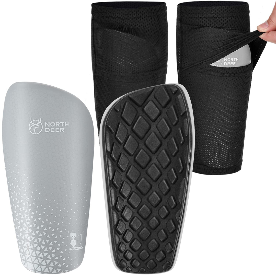 Soccer Shin Guards for Kids incl. Sleeves with Optimized Insert Pocket - Protective Soccer Equipment for Children Boys Girls (Grey S)