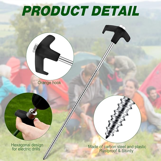 Hicarer 12 Inch Tent Stakes Screw in Camping Stakes Heavy Duty Metal Stake Ground Anchor Peg Threaded Tent Spikes with Hex Head Driver for Camping Garden Inflatable