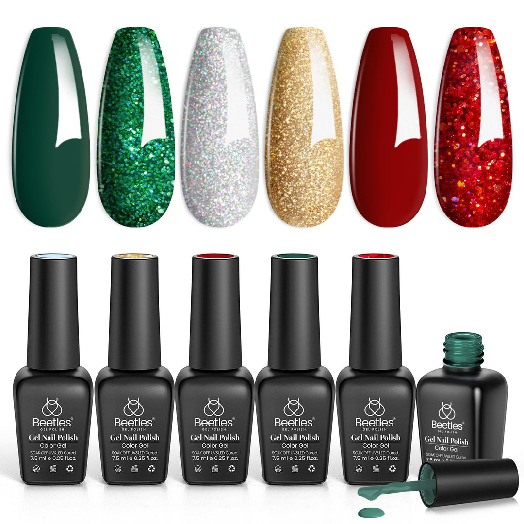 Beetles Gel Nail Polish Set, Sparkle Green Glitter Gold Silver Gel Polish Dark Green Dark Red Gel Polish Kits Soak Off Nail Lamp
