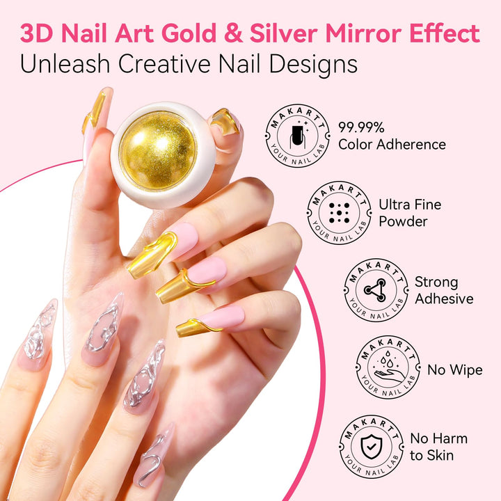 Makartt 3D Nail Gel and Chrome Nail Powder Kit, 15g Sculpting Gel for Nail Art DIY No wipe 3D Molding and Metallic Chrome Powder Set for Decoration Manicure Pedicure Use
