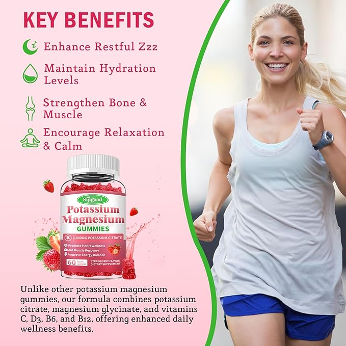 Potassium Magnesium Gummies, High Absorption Magnesium Potassium Supplement with Vitamin B6 for Leg Cramps & Muscle Health, Strawberry, 60 Count