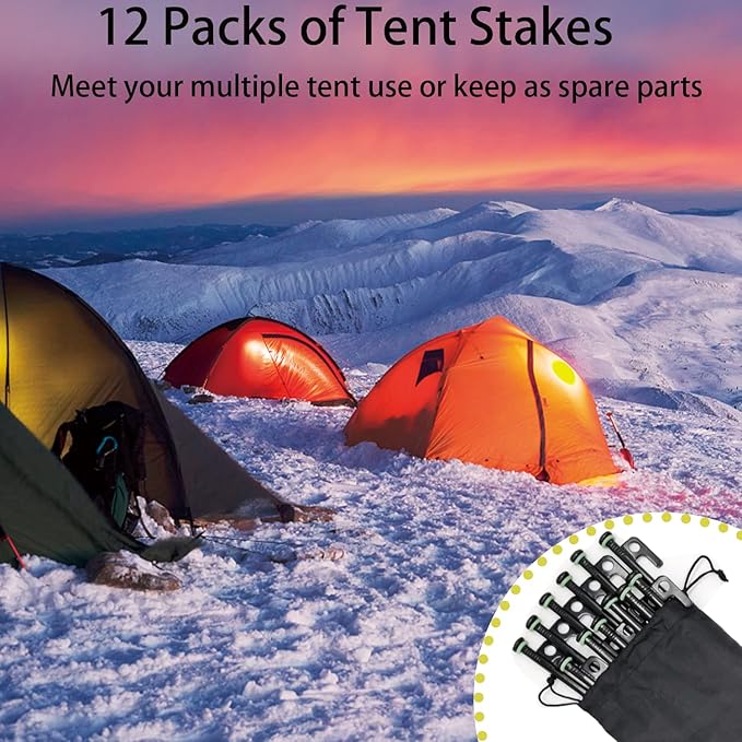Tent Stakes, 12Pcs 10in Heavy Duty Forged Steel Tent Stakes +Storage Pouch, Metal Tent Stakes, Metal Stakes for Tent Used on Rocks, Snowfield, Dessert, Stormy Weather (12Pcs 10in Tent Stakes)