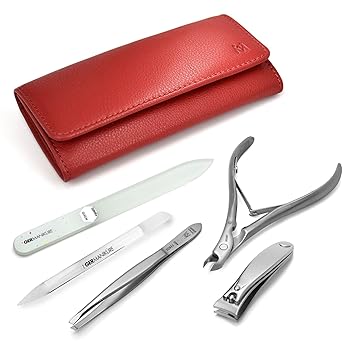 GERMANIKURE 5pc Manicure Set in Leather Case - FINOX Stainless steel tools handmade Solingen Germany - Professional Nail and Cuticle Care Travel Implements