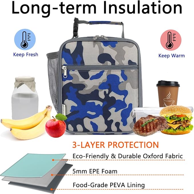 Lunch Box for Kids Boys Girls Men Women, Insulated Small Soft Cooler Lunch Bag Kit for School Work Picnic Travel - Reusable Portable lunchbox,Blue Camouflage