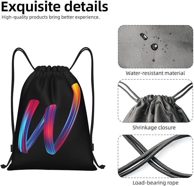 Drawstring Bags Initial Drawstring Backpack Sackpack Black Draw String Cinch Bags for Sports, Gym, Travel, Swimming, Beach, Camping, Rainbow Letter W