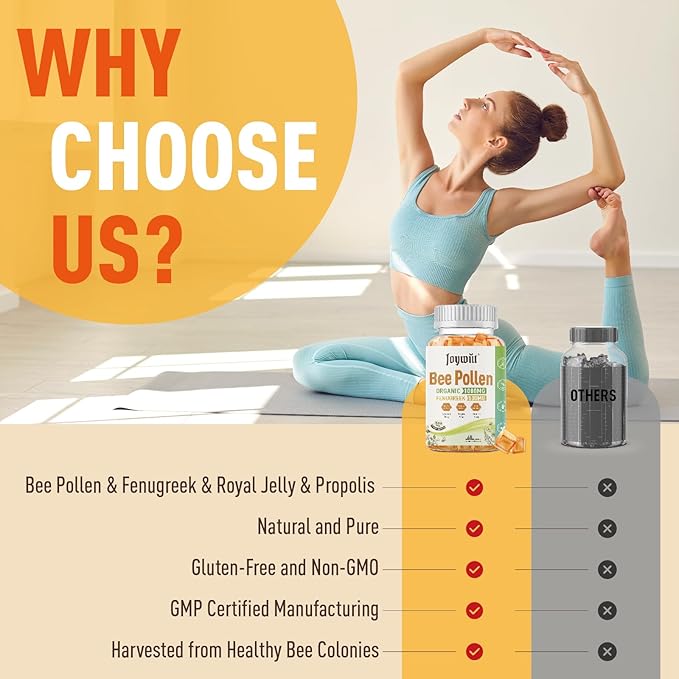 Bee Pollen 1000mg Sugar Free Gummies for Breast Growth, w/Fenugreek, Royal Jelly, Propolis, Organic Bee Pollen Supplement for Women, Rich in Vitamin E, Strengthen Immunity & Skin Care, 60 Counts