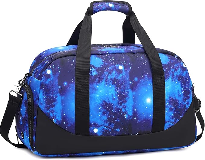 JIANYA Kids Sports Overnight Bag for Girls Boys Small Gym Duffle Bag Teens Gymnastics Bag Sleepover Bag with Shoe Compartment, Galaxy Blue