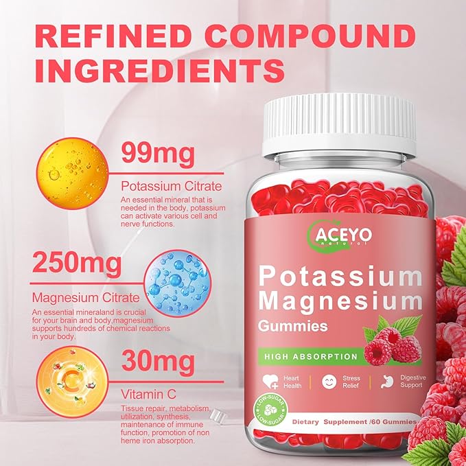 2 Pack Potassium Magnesium Gummies for Adult Kids High Absorption Leg Cramps & Muscle & Heart Health Immune Health Raspberry Magnesium Gummies Chewable Gummy Supplement Vegan Non-GMO