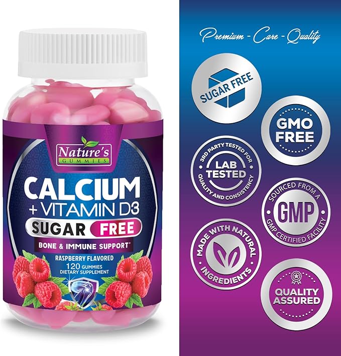 Sugar Free Calcium Gummy Bites Plus 400 IU Vitamin D3, Bone Health & Immune Support, Supports Bone Strength - Chewable Calcium Nutrition Supplement, Non-GMO, Berry Flavor Chews - 120 Gummies