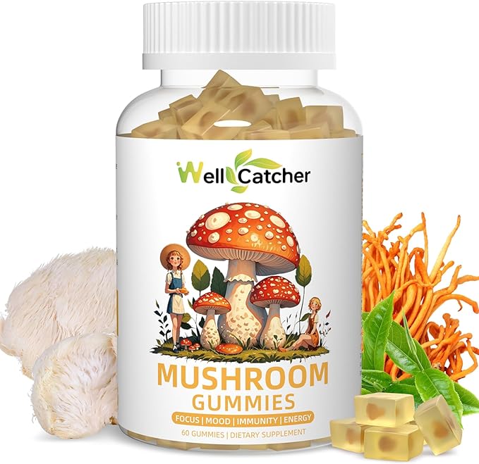 Lion's Mane Mushroom Gummies for Adults - Mushroom Complex Supplement Gummies for Kids Focus And Energy Sugar Free With Cordyceps Green Tea, Mood Gummies Organic Vegan Non Gmo Orange Flavor 60ct