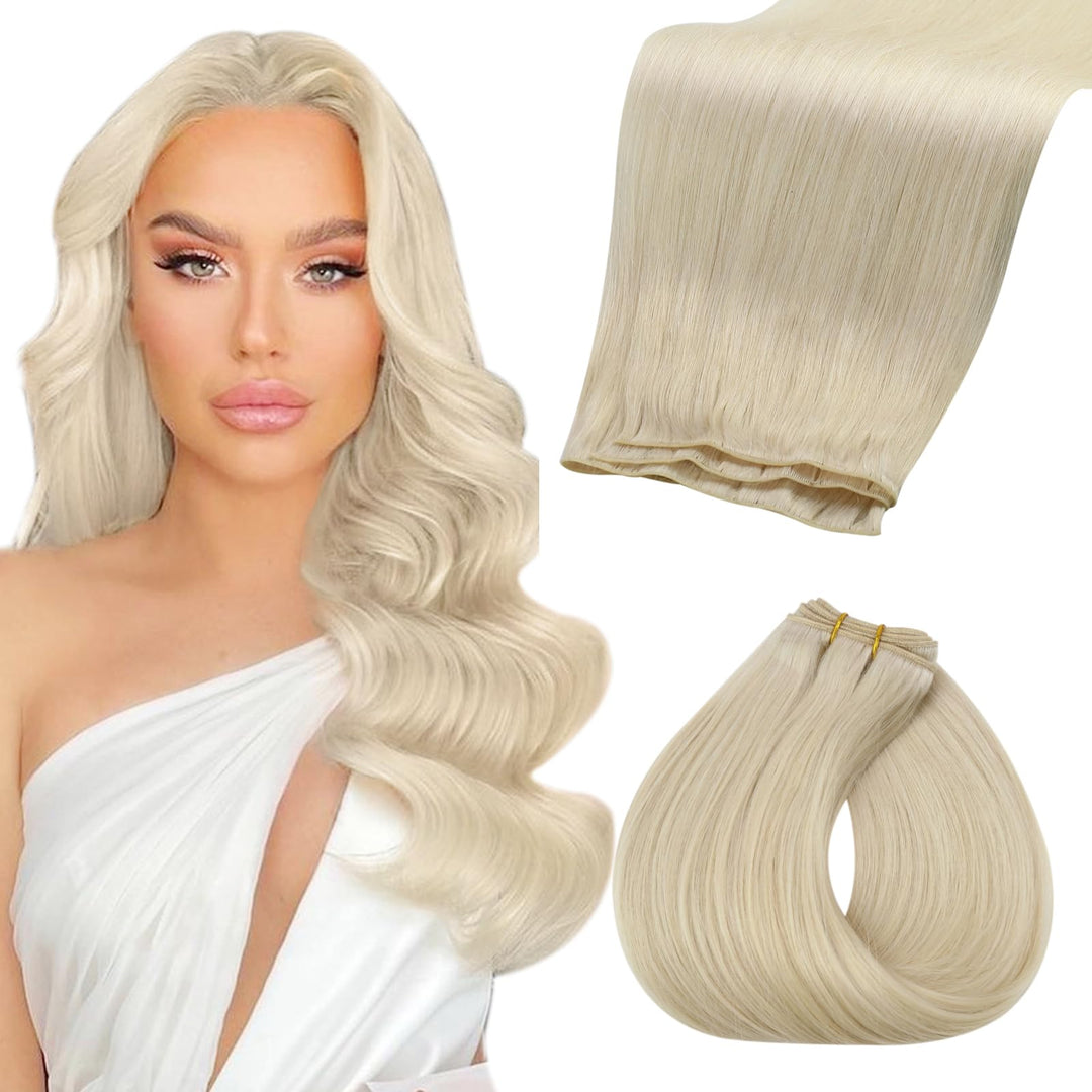 Fshine 18 Inch 1-#60 Platinum Blonde Weft Human Hair Extensions, 50G Real Human Hair, Women Hair Extensions, Remy Human Hair