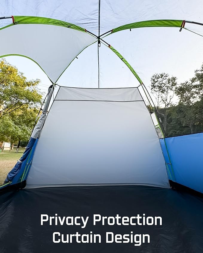 8 Person Larger Extended Dome Camping Tent with 3 Rooms, Waterproof Semi-Freestanding Family Outdoor Tent with Spacious Interior and Mesh Windows