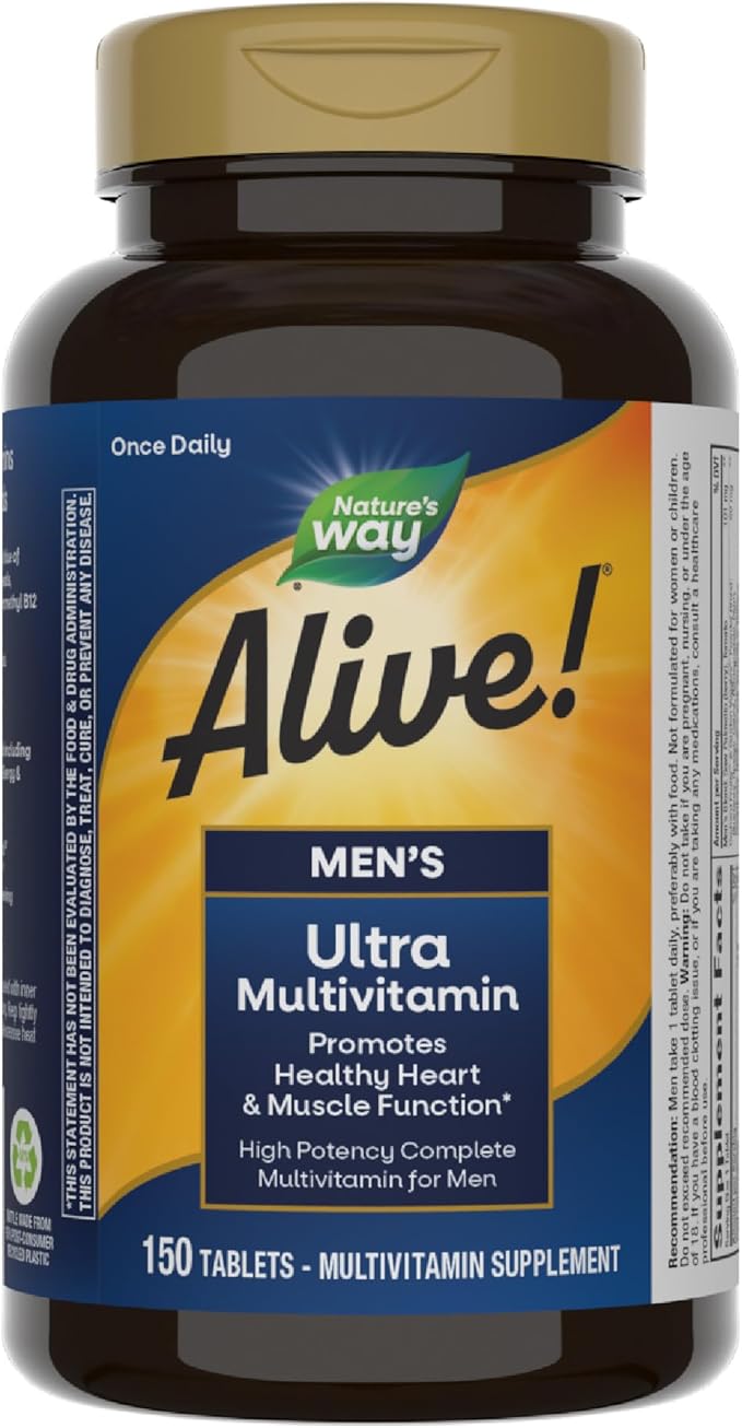 Nature's Way Alive! Men's Daily Ultra Multivitamin, Promotes Healthy Heart & Muscle Function*, with B-Vitamins Including Methylated B12, Gluten Free, 150 Tablets