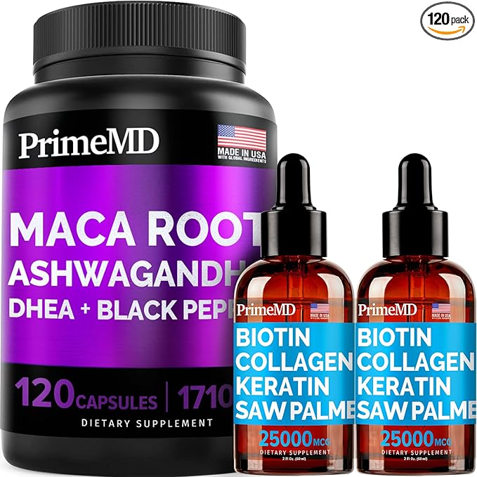 4-in-1 Liquid Biotin Collagen Keratin Saw Palmetto Drops (2 fl oz - 2 Pack) & 6-in-1 Maca Root Ashwagandha w Black Pepper Fruit (120ct) Bundle - Hair, Skin, Nails, Energy & Mood Support Supplement