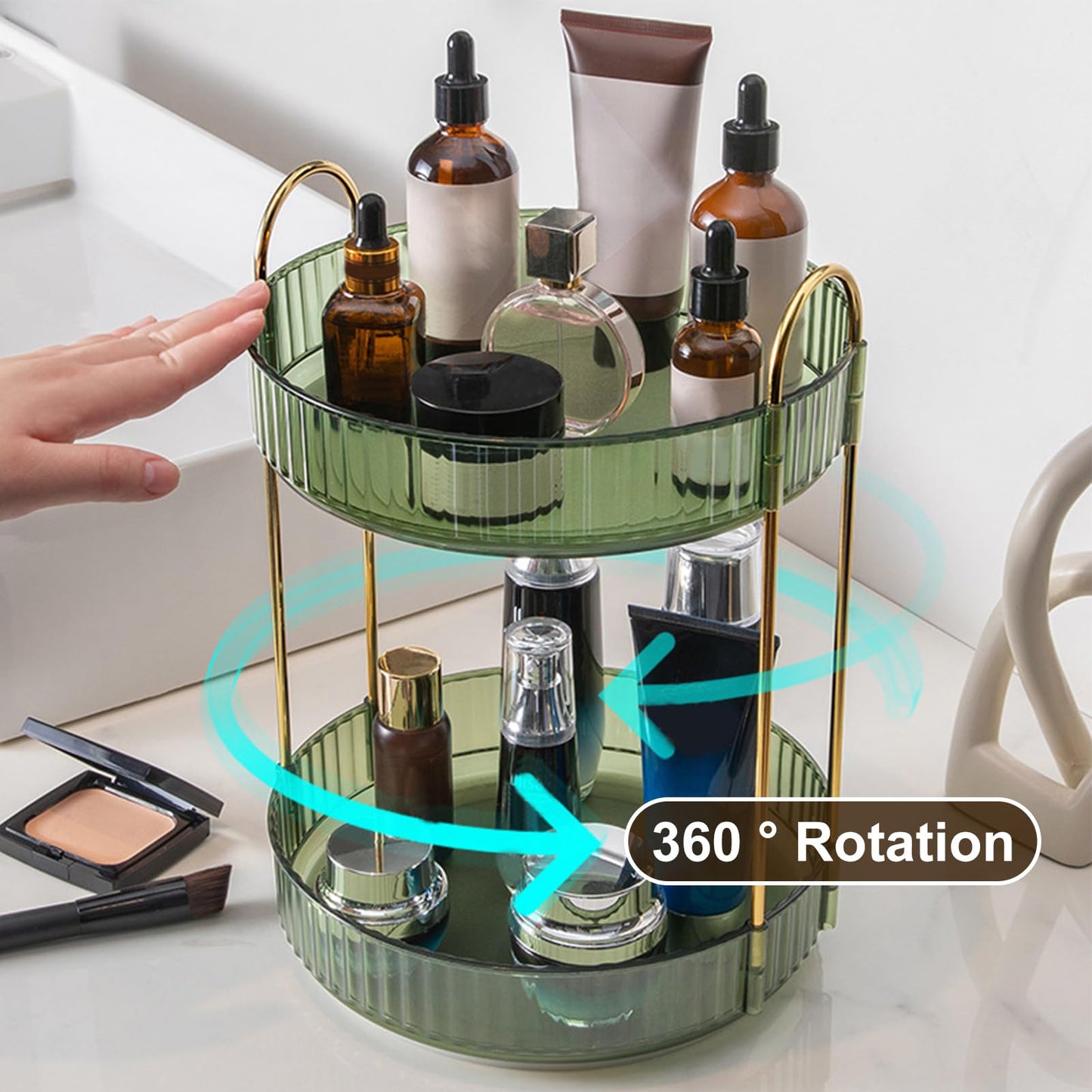360 Rotating Makeup Organiser,Cosmetic Storage Skincare Makeup Spinning Holder Lipsticks Brushes Perfume Display Stand Box for Vanity Desk, Dresser, Bathroom (Green 2Tier)