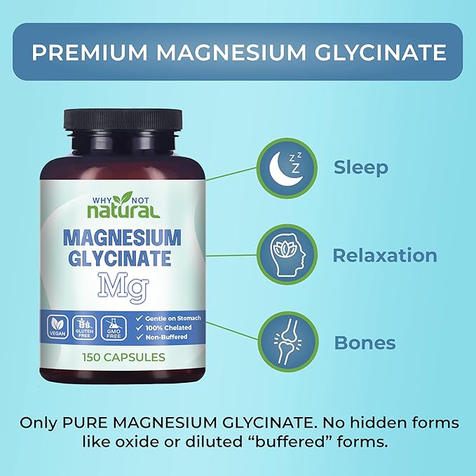 Why Not Natural Magnesium Glycinate 500 mg Capsules Supplement - Vegan, 100% Pure, No Filler - Supports Sleep and Relaxation
