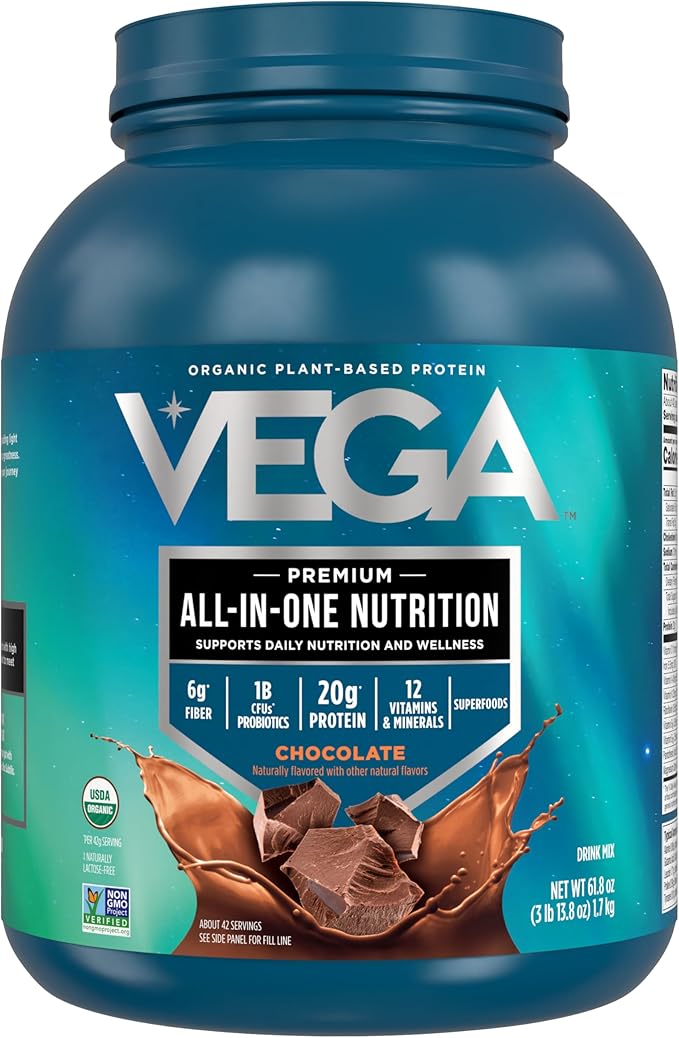 Vega Organic All-in-One Vegan Protein Powder, Chocolate - Superfood Ingredients, Vitamins for Immunity Support, Keto Friendly, Pea Protein for Women & Men, 61.8 Oz (Packaging May Vary)