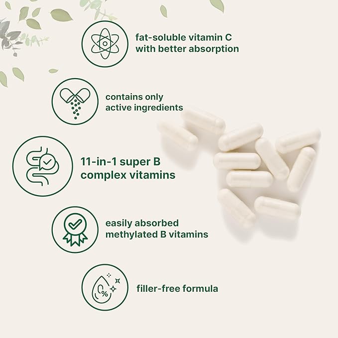 Pure Methylated B Complex for Women & Men | 240 Capsules with High Absorption Vitamin C | 11-in-1 with Vitamins B12, Thiamin, Folate + Inositol, Choline & More | Only Active Ingredients | Filler Free