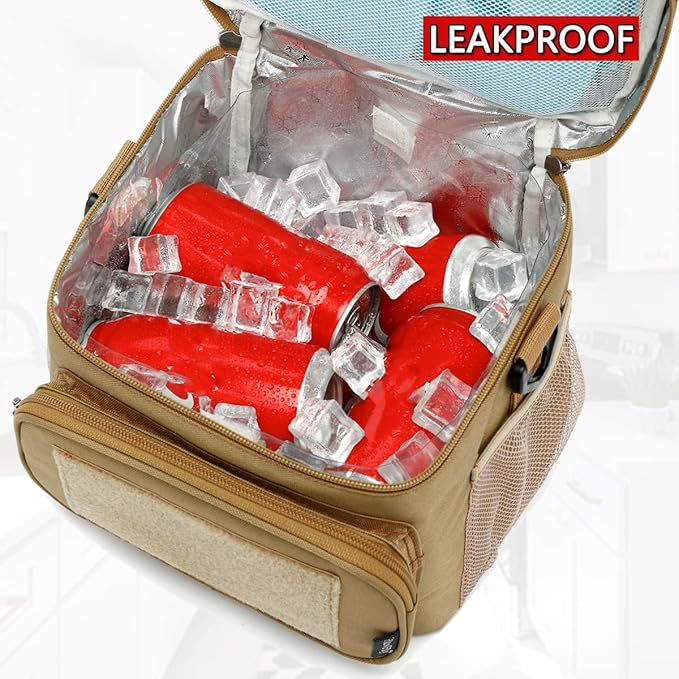 FlowFly Tactical Lunch Bag Large Insulated Lunch Box Cooler Tote for Men, Women with MOLLE/PALS Webbing(Brown, Medium)