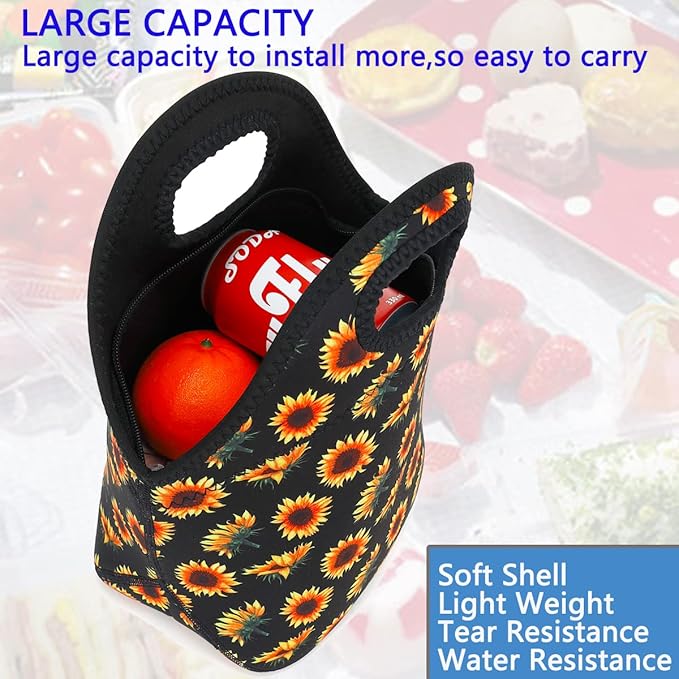 FlowFly Neoprene Lunch Tote Insulated Thermal Reusable Lunch Bag Box for Boys Men with Zipper (SunFlower)
