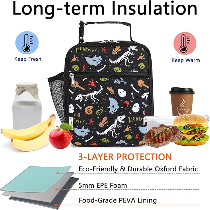 Lunch Box for Kids Boys Girls Men Women, Insulated Small Soft Cooler Lunch Bag Kit for School Work Picnic Travel - Reusable Portable lunchbox, Dinosaur Fossil