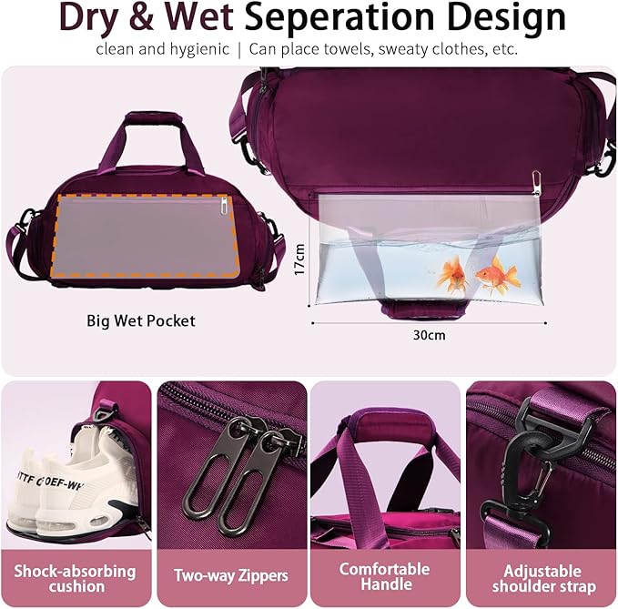 FIORETTO 30L Sports Gym Duffle Bag with Wet Pocket & Shoe Compartment, Weekender Hospital Overnight Bag for Women, Sports Holdall Backpack