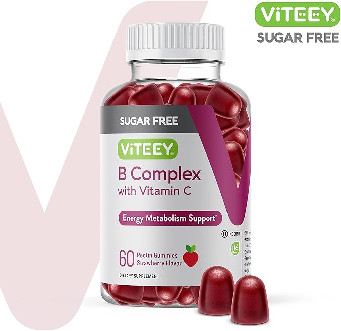 Vitamin B Complex Gummies with Vitamin C, Sugar Free - Energy, Metabolism & Nerve Health - B6, B12, Folic Acid, Biotin - Vegan, Gelatin Free, GMO Free - Tasty Chewable Strawberry Flavored Gummy
