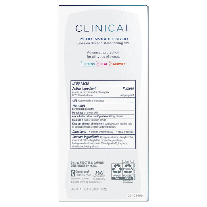 Secret Clinical Strength Antiperspirant | 72Hr Sweat & Odor Protection | For Women