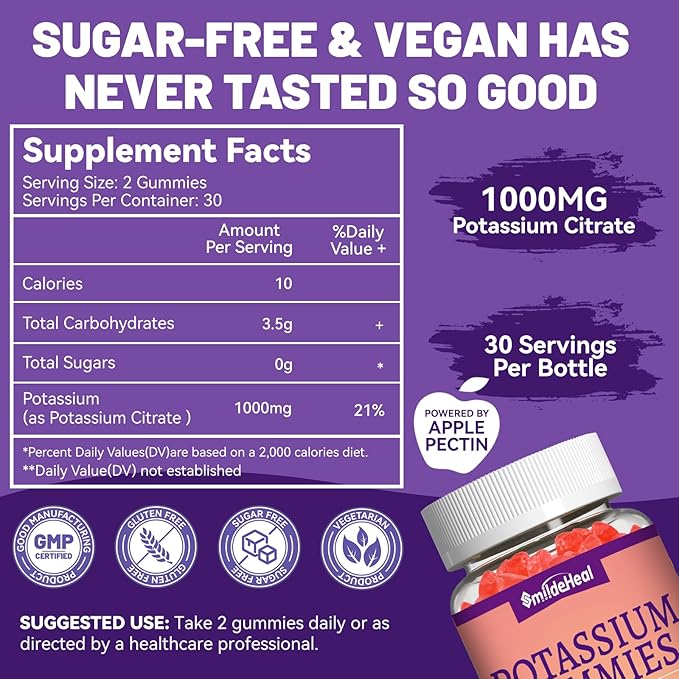 Potassium Gummies,Chewable Potassium Supplement 1000mg for Adults, Support Leg Cramps & Muscle Health for Women & Men - Sugar-Free,Vegan,60 Count