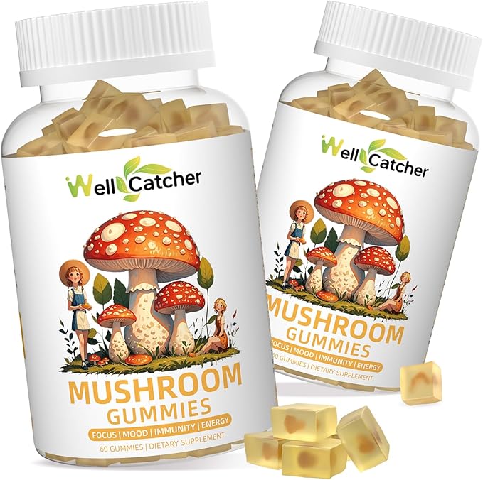 Lion's Mane Mushroom Gummies for Adults - Mushroom Complex Supplement Gummies for Kids Focus And Energy Sugar Free With Cordyceps Green Tea, Mood Gummies Organic Vegan Non Gmo Orange Flavor 60ct