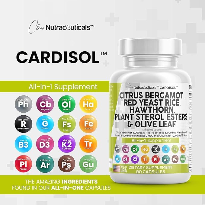 Clean Nutraceuticals Citrus Bergamot Red Yeast Rice Capsules with Plant Sterols - with Hawthorn Extract Olive Leaf Niacin Vitamin K3 D3 COQ10 Guggul & More