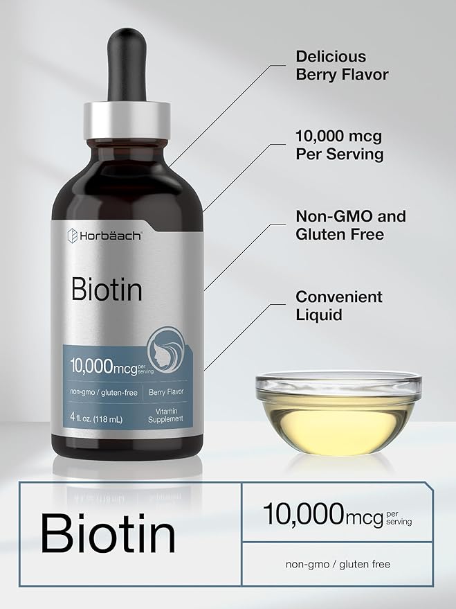Horbäach Biotin Liquid Drops 10000mcg | 4 fl oz | Berry Flavor | Vegetarian, Non-GMO & Gluten Free Supplement