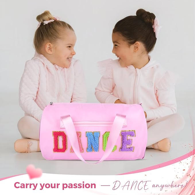 Dance Bag for Girls, KUIRAN 23L Waterproof Travel Duffel Bag with Colorful Chenille Letter, Lightweight Small Gym Sport Ballet Bag Weekender Bag with Large Main Compartment - Pink