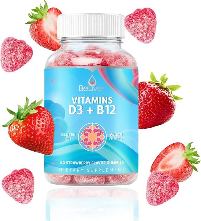 BeLive Vitamin D3 Gummies with B12 Vitamins - Immune Support Gummies with Vegan Vitamin B12 & D3, Provides Enhanced Bone & Muscle Strength, Hearth Health and Energy - Strawberry Flavor | 3-Pack