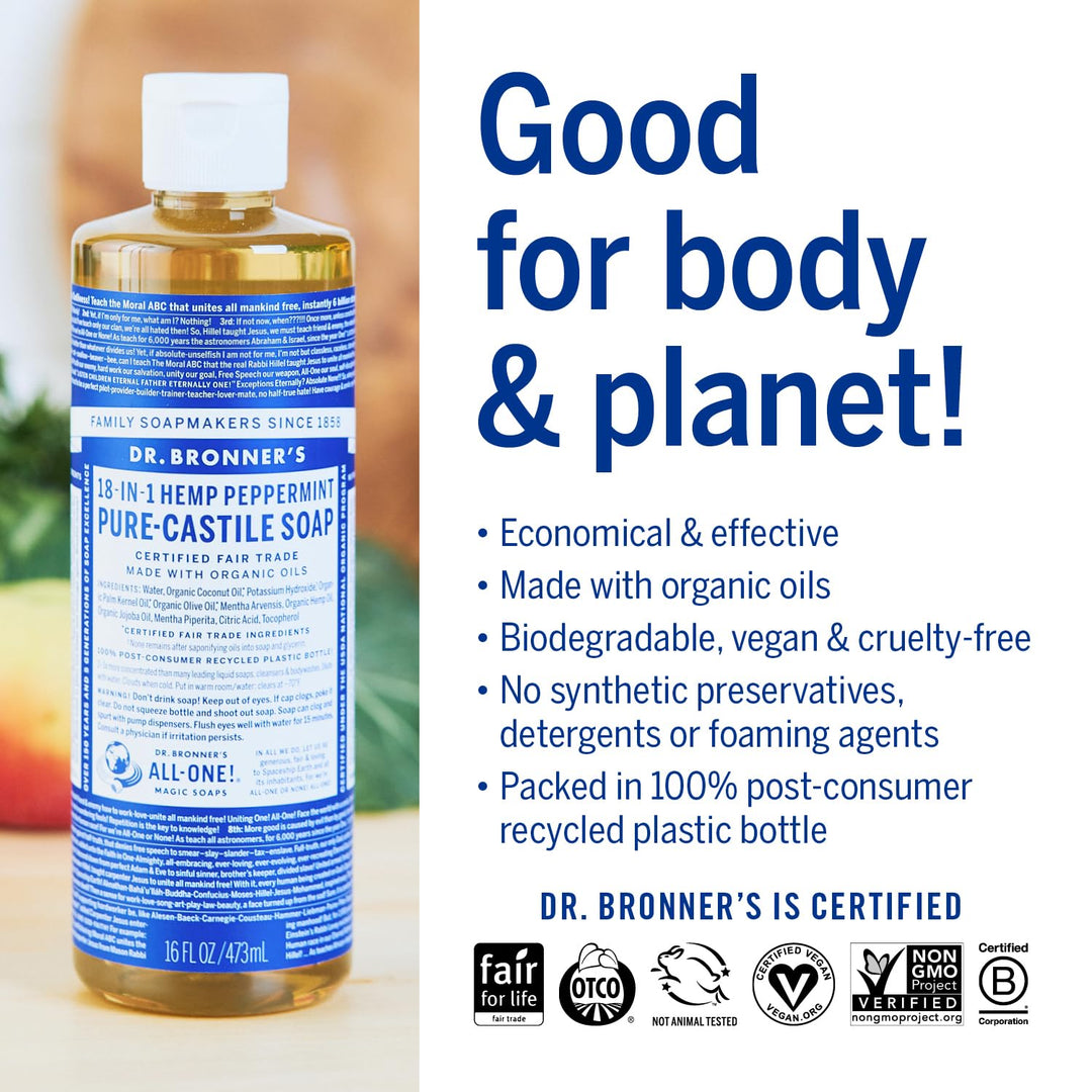 Dr. Bronner's 32 oz Pure-Castile Liquid Soap | Organic, Vegan, Peppermint