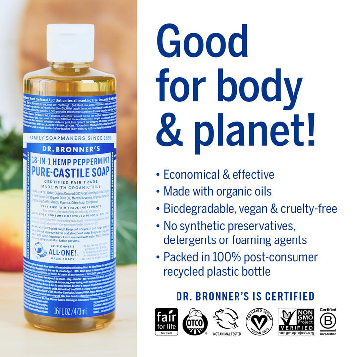 Dr. Bronner's 32 oz Pure-Castile Liquid Soap | Organic, Vegan, Peppermint