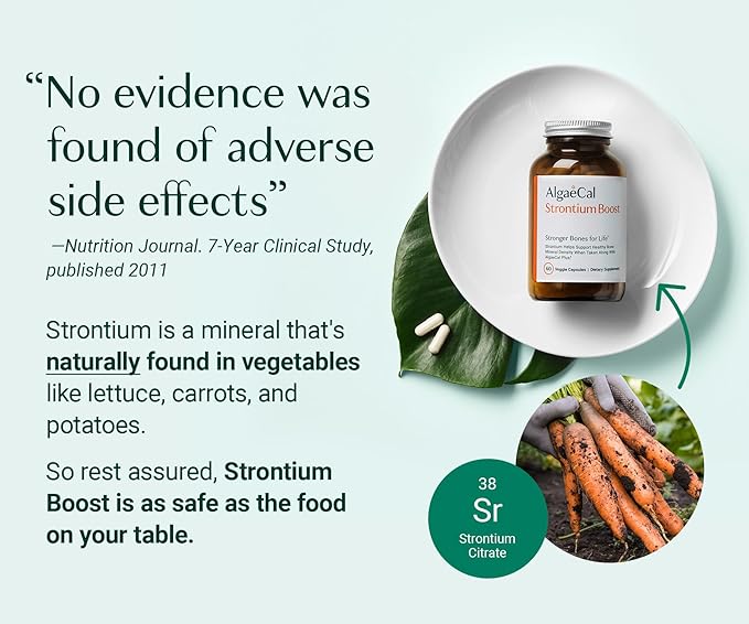 AlgaeCal - Strontium Boost, Natural Strontium Supplement for Bone Density Increase, Strontium Citrate 680 mg, Easy to Swallow for Bone Health & Bone Strength, Gluten-Free - Veggie Caps, 3 Month Supply