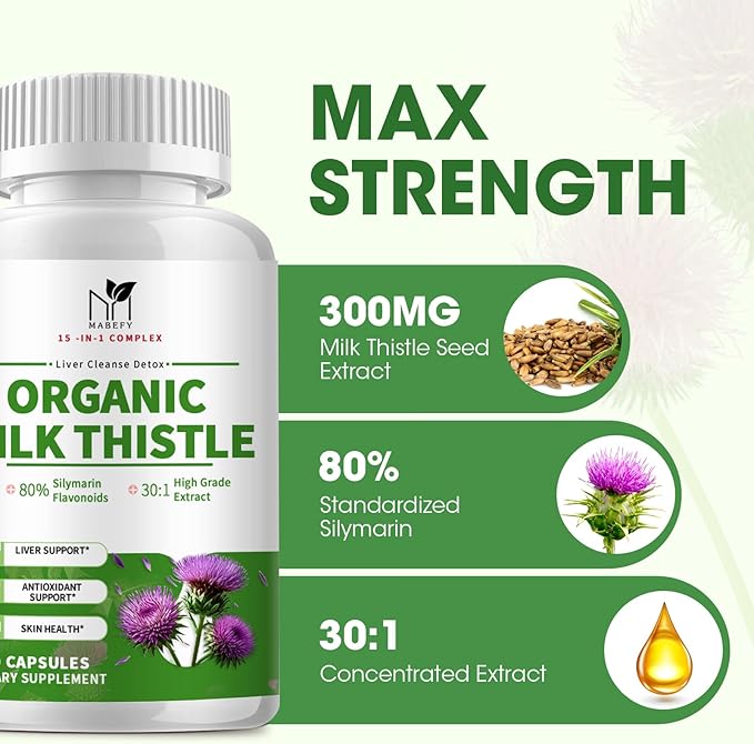 Liver Support Supplement with Milk Thistle Extract with Silymarin, Glutathione, Dandelion, Artichoke - Liver Cleanse Detox Repair, Antioxidant Support- 90 Capsules