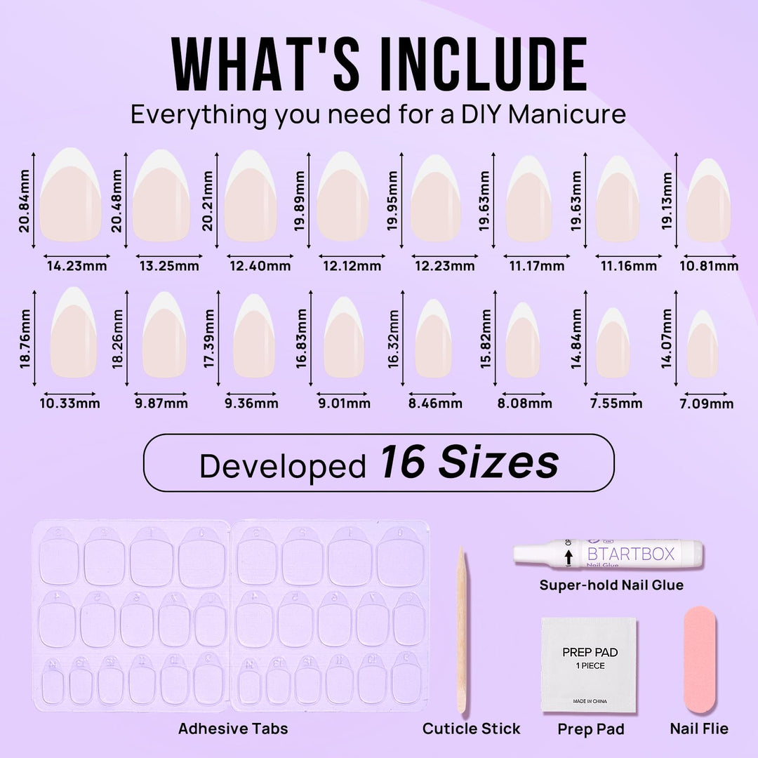 BTArtbox Press On Nails Short - French Tip Press On Nails, Almond Fake Nails White with Nail Glue, Fit Perfectly & Natural Reusable Stick On Nails in 15 Sizes Glue On Nails Kit, White French